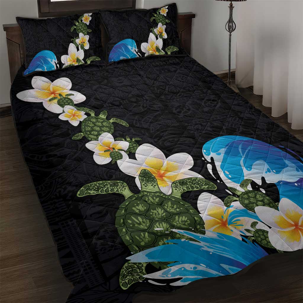 Hawaiian Plumeria and Turtle Quilt Bed Set with Polynesian Tribal Art Pattern Vintage Vibes LT03 Black - Polynesian Pride