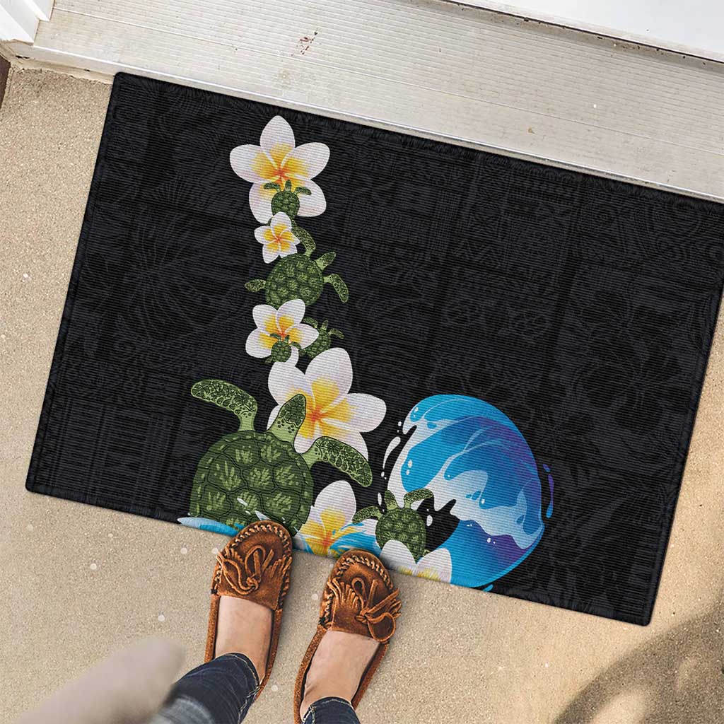 Hawaiian Plumeria and Turtle Rubber Doormat with Polynesian Tribal Art Pattern Vintage Vibes