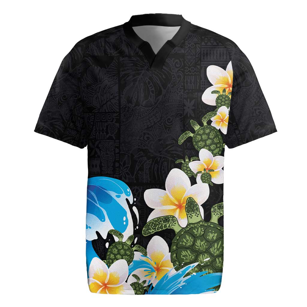 Hawaiian Plumeria and Turtle Rugby Jersey with Polynesian Tribal Art Pattern Vintage Vibes LT03 Black - Polynesian Pride