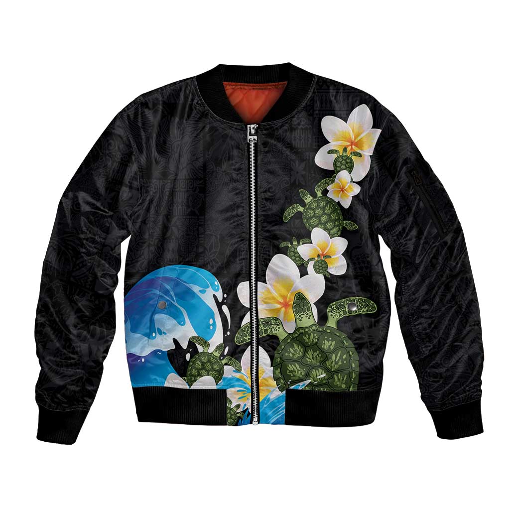 Hawaiian Plumeria and Turtle Sleeve Zip Bomber Jacket with Polynesian Tribal Art Pattern Vintage Vibes
