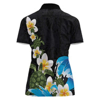 Hawaiian Plumeria and Turtle Women Polo Shirt with Polynesian Tribal Art Pattern Vintage Vibes