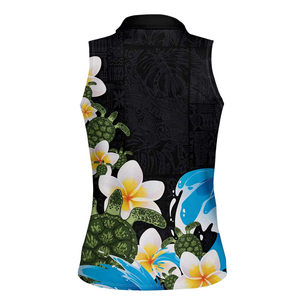 Hawaiian Plumeria and Turtle Women Sleeveless Polo Shirt with Polynesian Tribal Art Pattern Vintage Vibes LT03 - Polynesian Pride