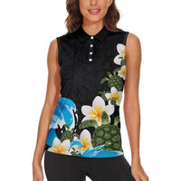 Hawaiian Plumeria and Turtle Women Sleeveless Polo Shirt with Polynesian Tribal Art Pattern Vintage Vibes LT03 - Polynesian Pride