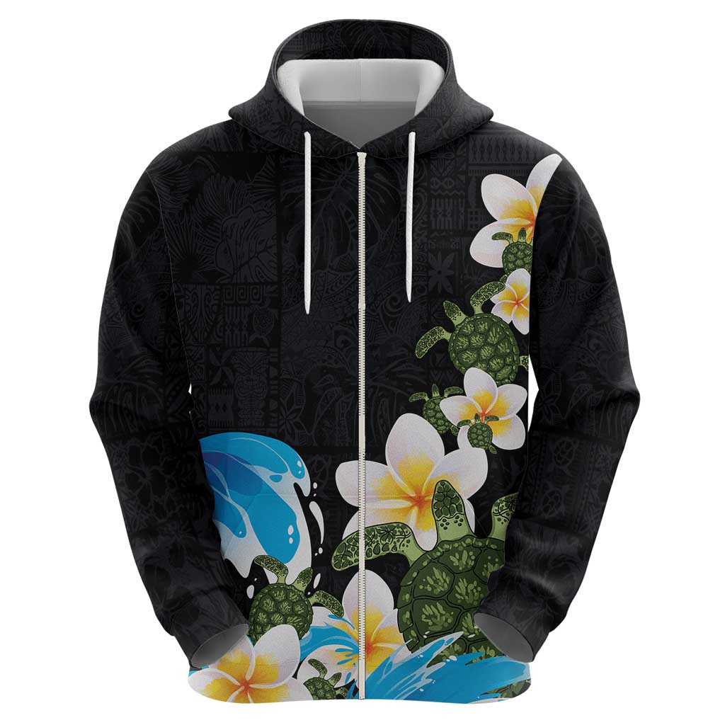 Hawaiian Plumeria and Turtle Zip Hoodie with Polynesian Tribal Art Pattern Vintage Vibes