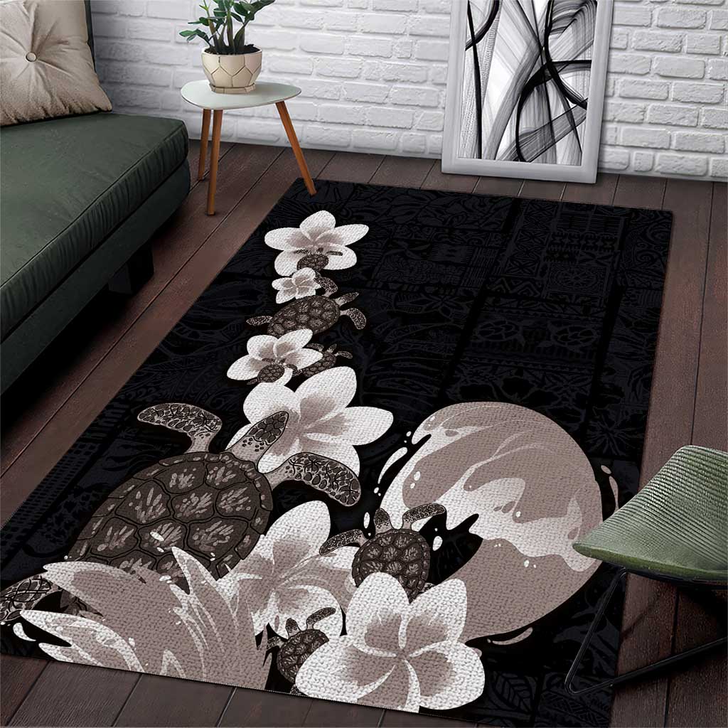 Hawaiian Plumeria and Turtle Area Rug with Polynesian Tribal Art Pattern Grayscale Color