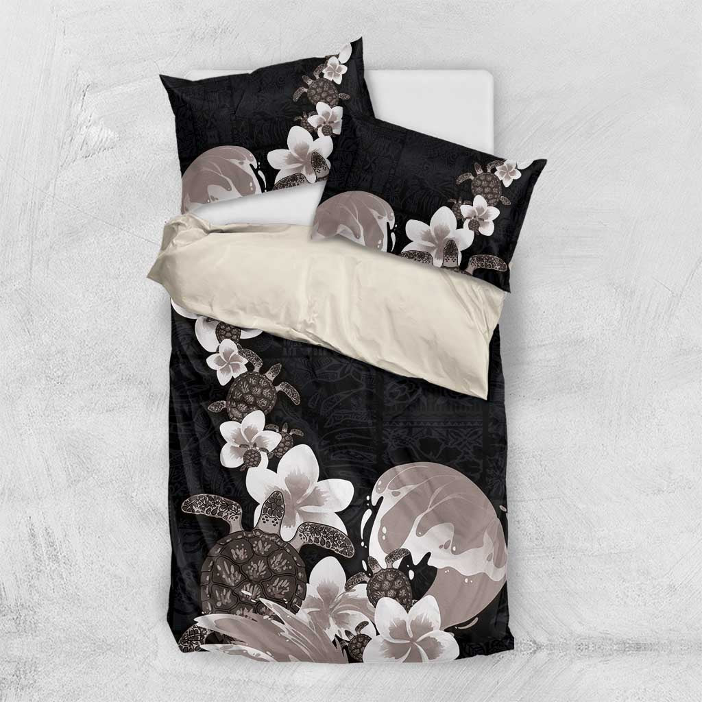 Hawaiian Plumeria and Turtle Bedding Set with Polynesian Tribal Art Pattern Grayscale Color