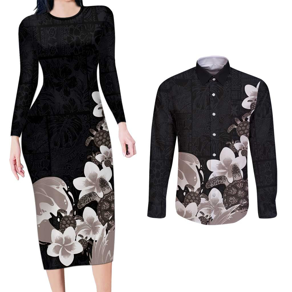 Hawaiian Plumeria and Turtle Couples Matching Long Sleeve Bodycon Dress and Long Sleeve Button Shirt with Polynesian Tribal Art Pattern Grayscale Color