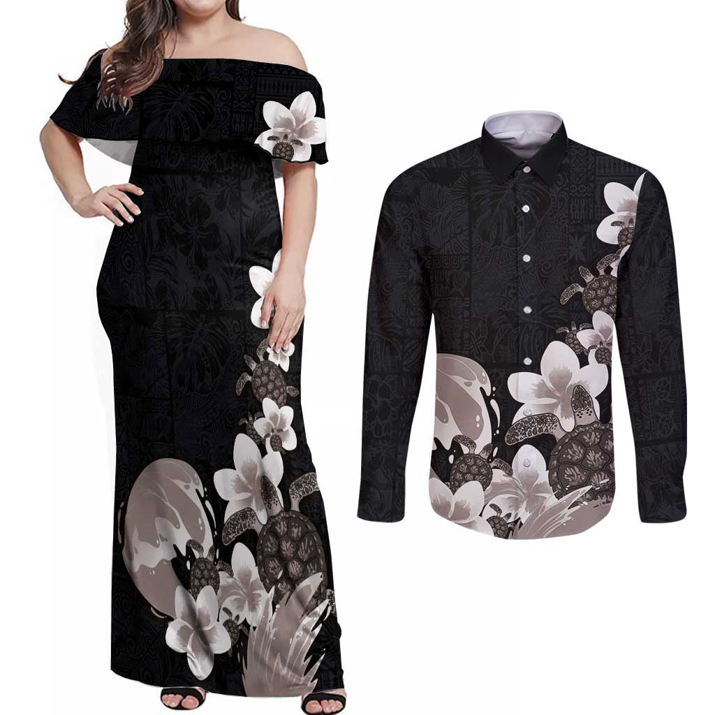 Hawaiian Plumeria and Turtle Couples Matching Off Shoulder Maxi Dress and Long Sleeve Button Shirt with Polynesian Tribal Art Pattern Grayscale Color