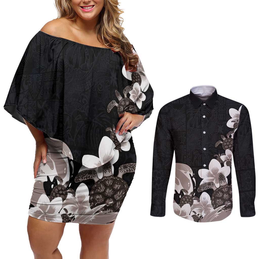 Hawaiian Plumeria and Turtle Couples Matching Off Shoulder Short Dress and Long Sleeve Button Shirt with Polynesian Tribal Art Pattern Grayscale Color
