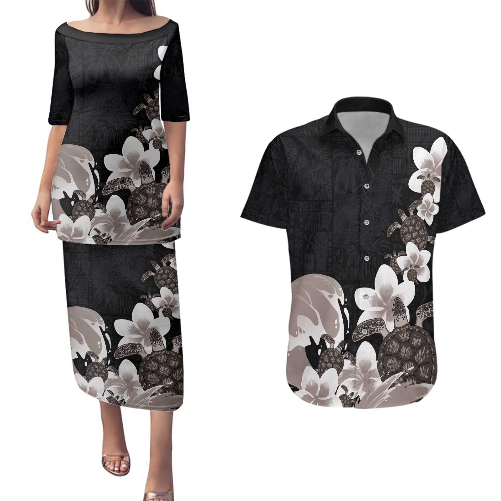 Hawaiian Plumeria and Turtle Couples Matching Puletasi and Hawaiian Shirt with Polynesian Tribal Art Pattern Grayscale Color