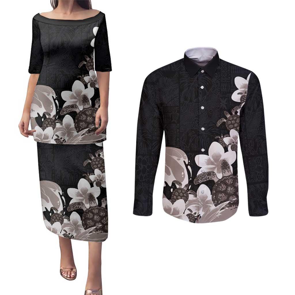 Hawaiian Plumeria and Turtle Couples Matching Puletasi and Long Sleeve Button Shirt with Polynesian Tribal Art Pattern Grayscale Color