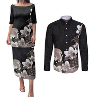 Hawaiian Plumeria and Turtle Couples Matching Puletasi and Long Sleeve Button Shirt with Polynesian Tribal Art Pattern Grayscale Color