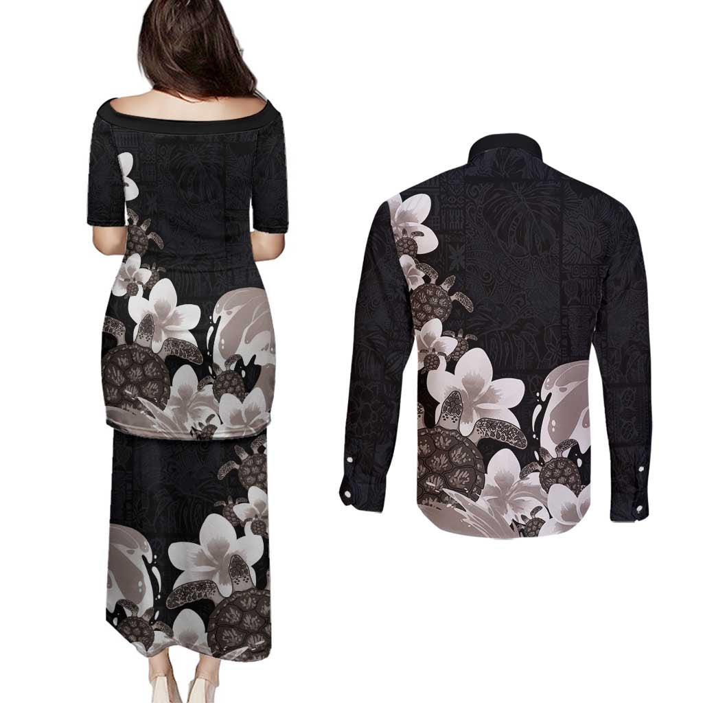 Hawaiian Plumeria and Turtle Couples Matching Puletasi and Long Sleeve Button Shirt with Polynesian Tribal Art Pattern Grayscale Color
