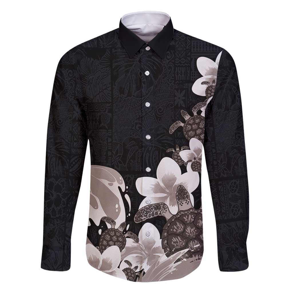 Hawaiian Plumeria and Turtle Family Matching Off Shoulder Short Dress and Hawaiian Shirt with Polynesian Tribal Art Pattern Grayscale Color