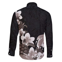Hawaiian Plumeria and Turtle Family Matching Puletasi and Hawaiian Shirt with Polynesian Tribal Art Pattern Grayscale Color