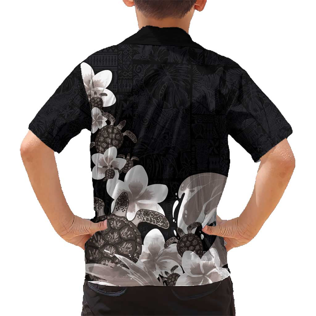 Hawaiian Plumeria and Turtle Kid Hawaiian Shirt with Polynesian Tribal Art Pattern Grayscale Color