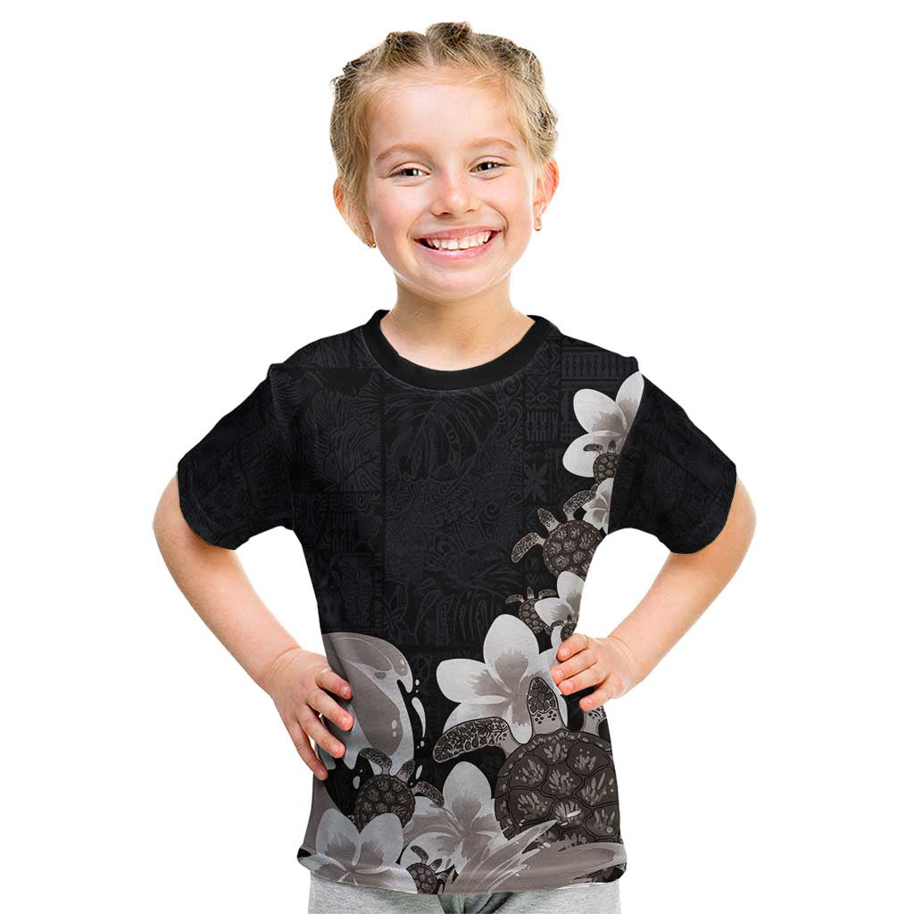 Hawaiian Plumeria and Turtle Kid T Shirt with Polynesian Tribal Art Pattern Grayscale Color LT03 Black - Polynesian Pride
