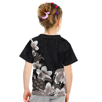 Hawaiian Plumeria and Turtle Kid T Shirt with Polynesian Tribal Art Pattern Grayscale Color LT03 - Polynesian Pride