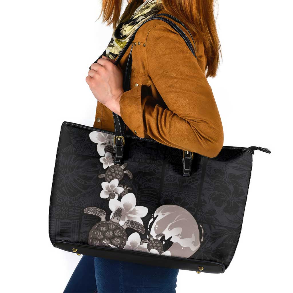 Hawaiian Plumeria and Turtle Leather Tote Bag with Polynesian Tribal Art Pattern Grayscale Color LT03 Black - Polynesian Pride