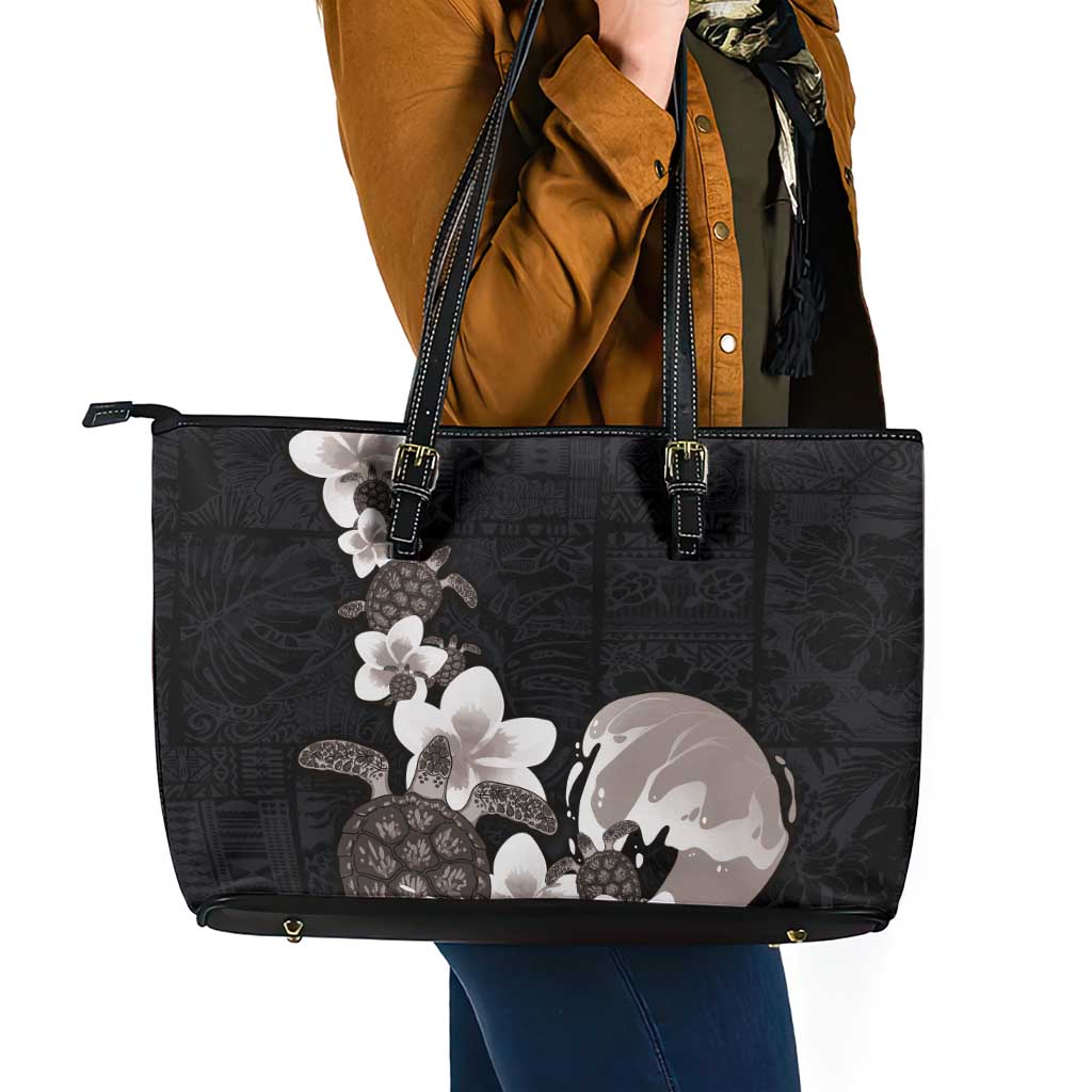 Hawaiian Plumeria and Turtle Leather Tote Bag with Polynesian Tribal Art Pattern Grayscale Color LT03 - Polynesian Pride