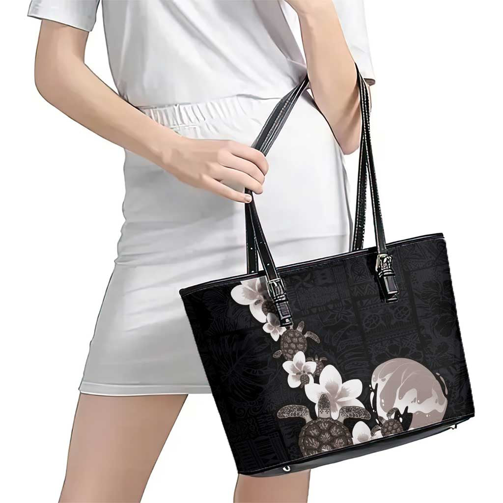 Hawaiian Plumeria and Turtle Leather Tote Bag with Polynesian Tribal Art Pattern Grayscale Color LT03 - Polynesian Pride