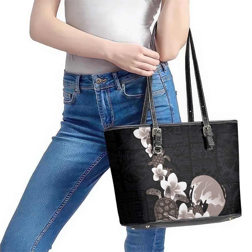 Hawaiian Plumeria and Turtle Leather Tote Bag with Polynesian Tribal Art Pattern Grayscale Color LT03 - Polynesian Pride