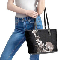 Hawaiian Plumeria and Turtle Leather Tote Bag with Polynesian Tribal Art Pattern Grayscale Color LT03 - Polynesian Pride
