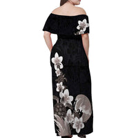 Hawaiian Plumeria and Turtle Off Shoulder Maxi Dress with Polynesian Tribal Art Pattern Grayscale Color