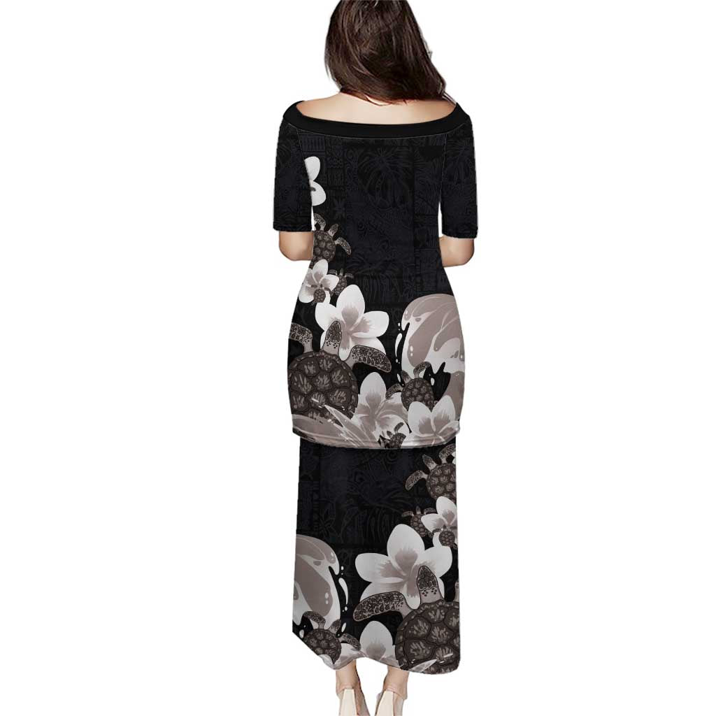 Hawaiian Plumeria and Turtle Puletasi with Polynesian Tribal Art Pattern Grayscale Color