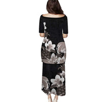 Hawaiian Plumeria and Turtle Puletasi with Polynesian Tribal Art Pattern Grayscale Color