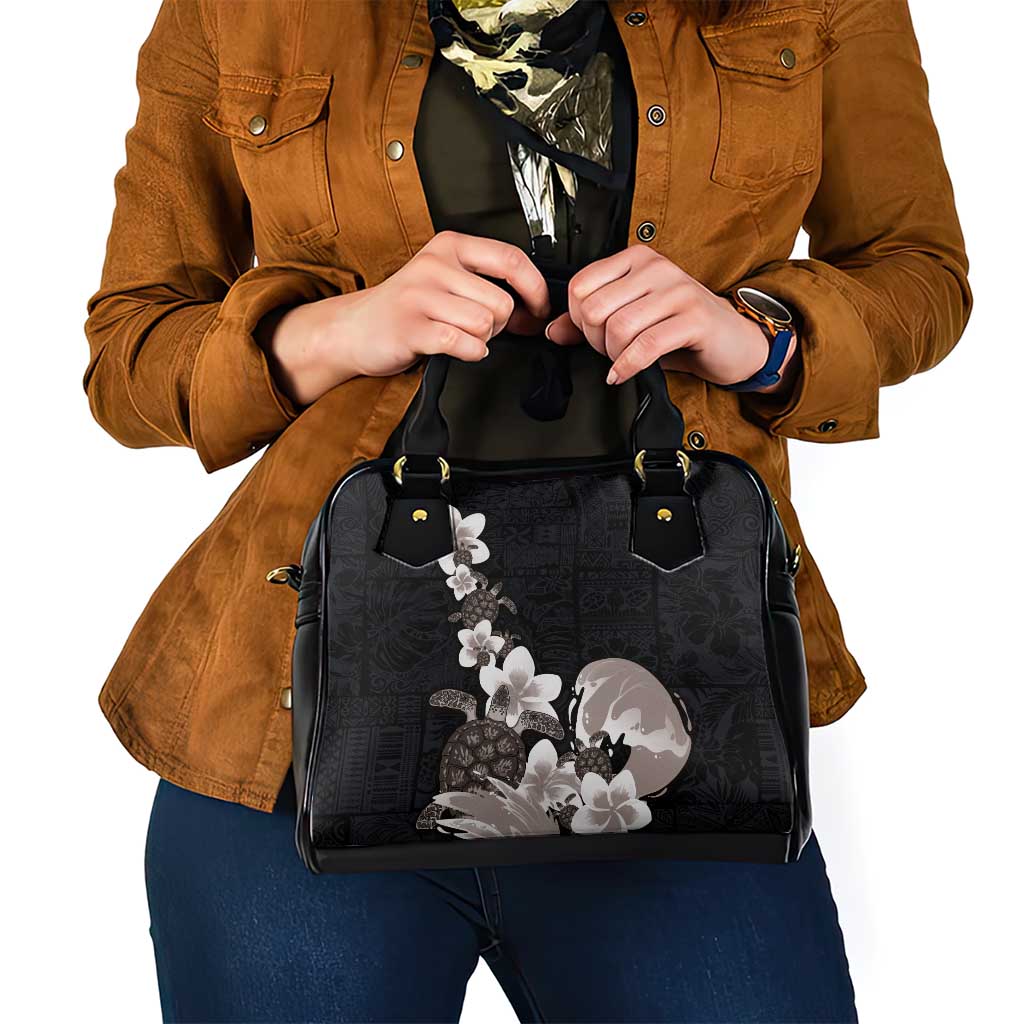 Hawaiian Plumeria and Turtle Shoulder Handbag with Polynesian Tribal Art Pattern Grayscale Color