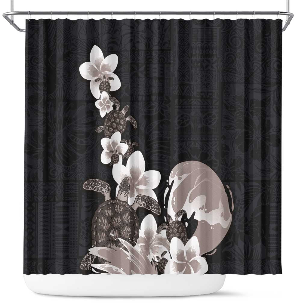 Hawaiian Plumeria and Turtle Shower Curtain with Polynesian Tribal Art Pattern Grayscale Color