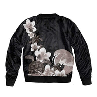 Hawaiian Plumeria and Turtle Sleeve Zip Bomber Jacket with Polynesian Tribal Art Pattern Grayscale Color