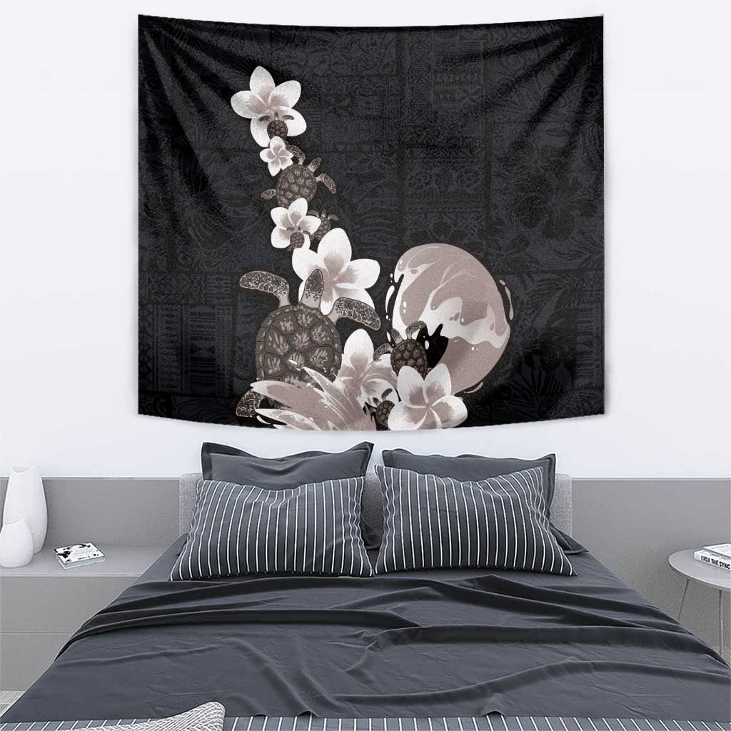 Hawaiian Plumeria and Turtle Tapestry with Polynesian Tribal Art Pattern Grayscale Color