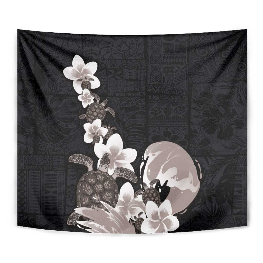 Hawaiian Plumeria and Turtle Tapestry with Polynesian Tribal Art Pattern Grayscale Color
