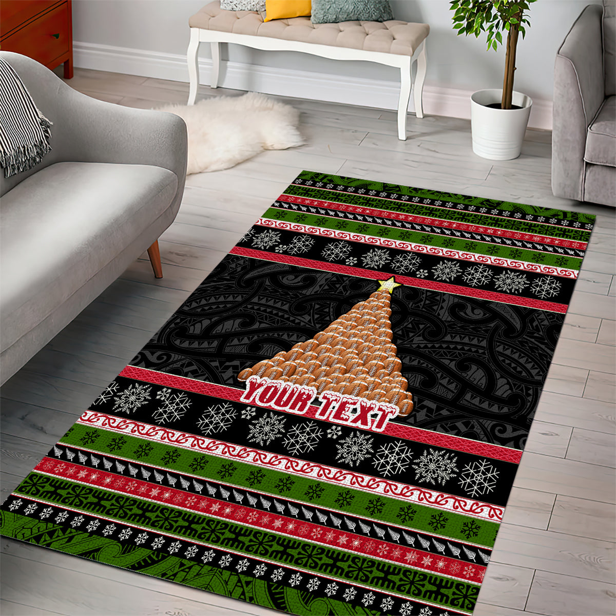 Personalized New Zealand Meri Kirihimete Area Rug Maori Warrior with Rugby Christmas Tree LT03 - Polynesian Pride