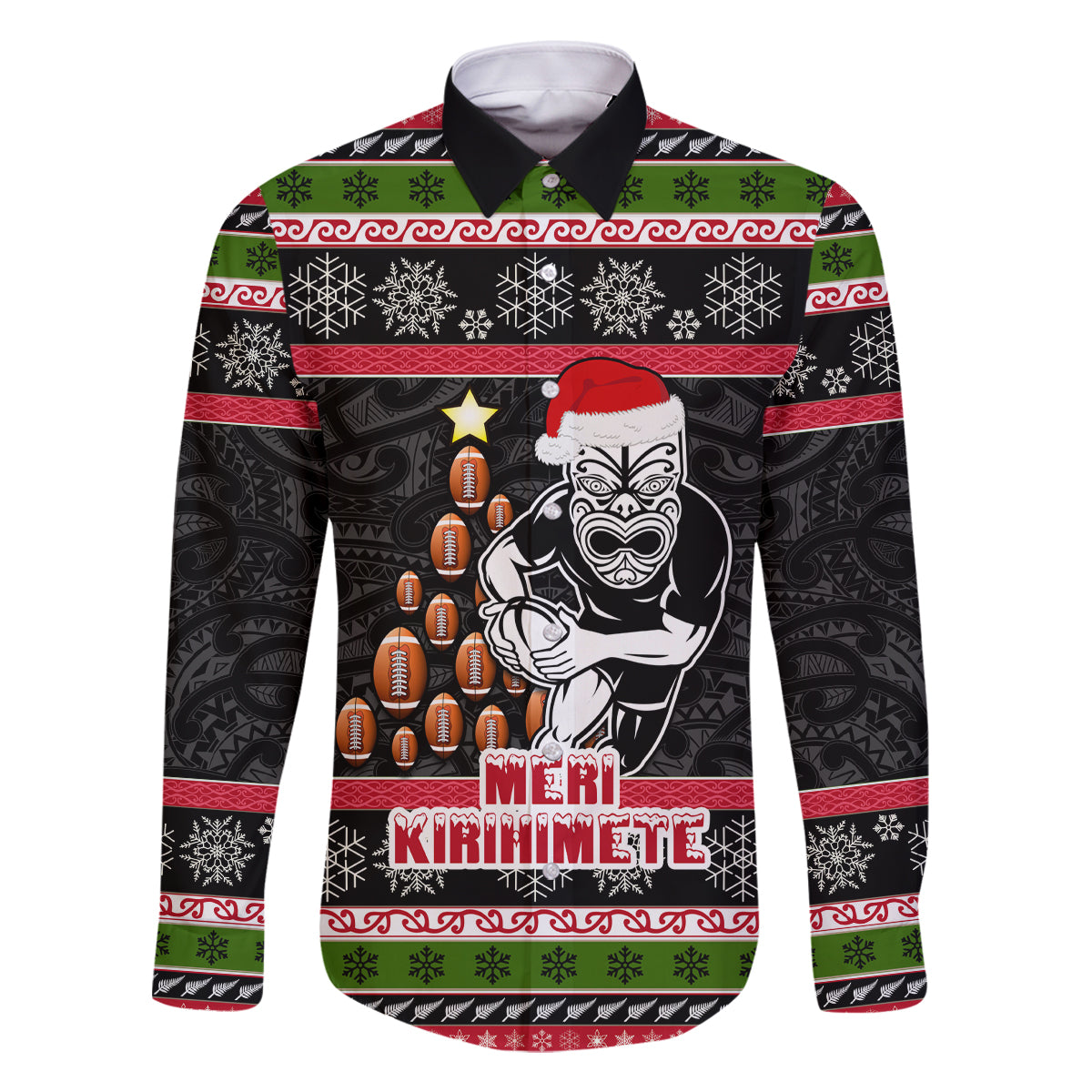 Personalized New Zealand Meri Kirihimete Family Matching Tank Maxi Dress and Hawaiian Shirt Maori Warrior with Rugby Christmas Tree LT03 Dad's Shirt - Long Sleeve Black - Polynesian Pride