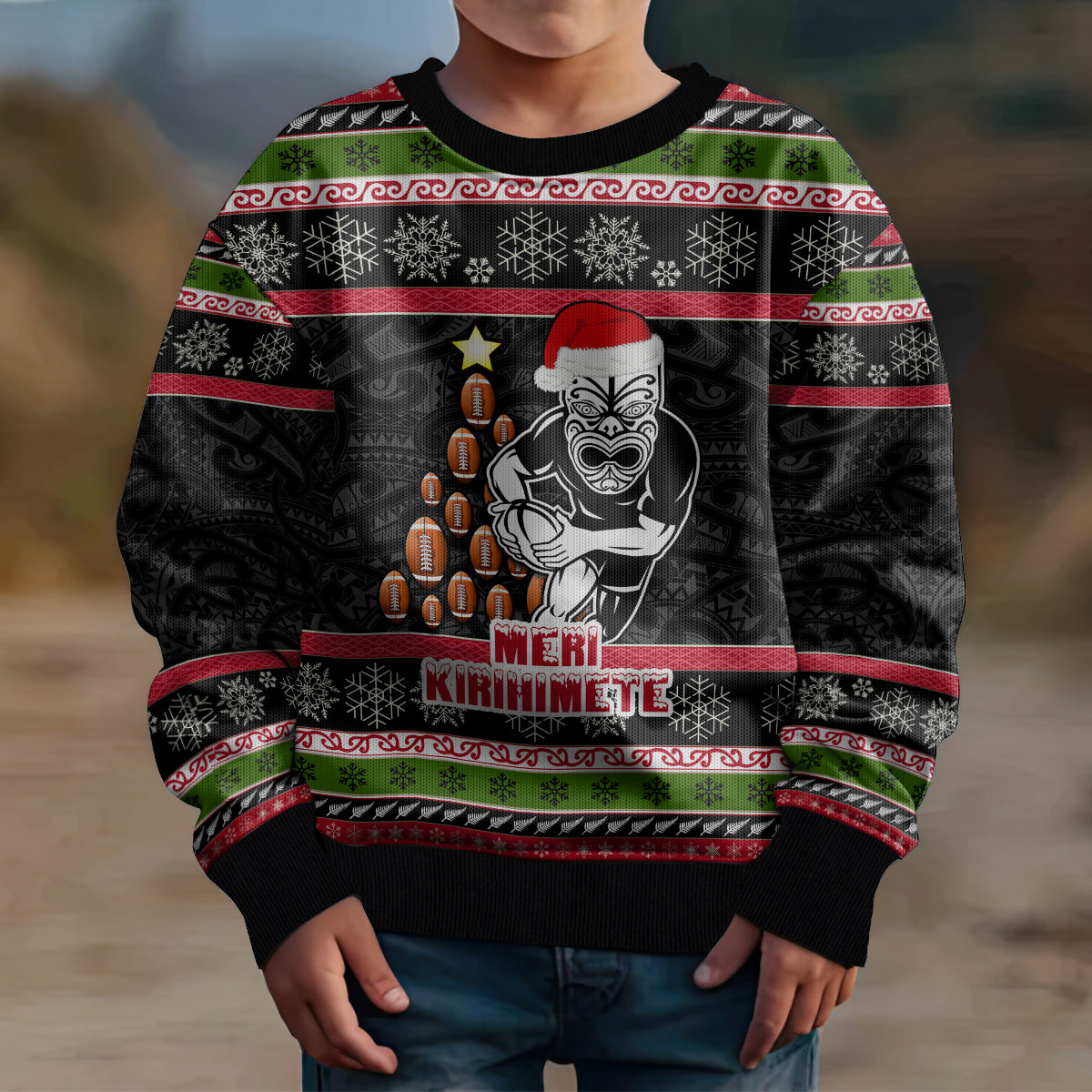 Personalized New Zealand Christmas Kid Ugly Christmas Sweater Maori Warrior with Rugby Christmas Tree LT03 - Polynesian Pride