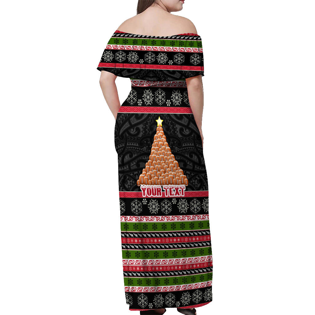 Personalized New Zealand Meri Kirihimete Off Shoulder Maxi Dress Maori Warrior with Rugby Christmas Tree LT03 - Polynesian Pride