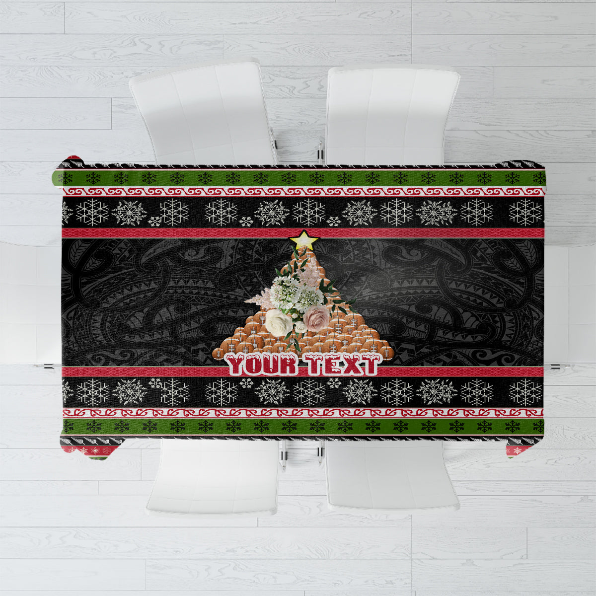 Personalized New Zealand Meri Kirihimete Tablecloth Maori Warrior with Rugby Christmas Tree LT03 Black - Polynesian Pride