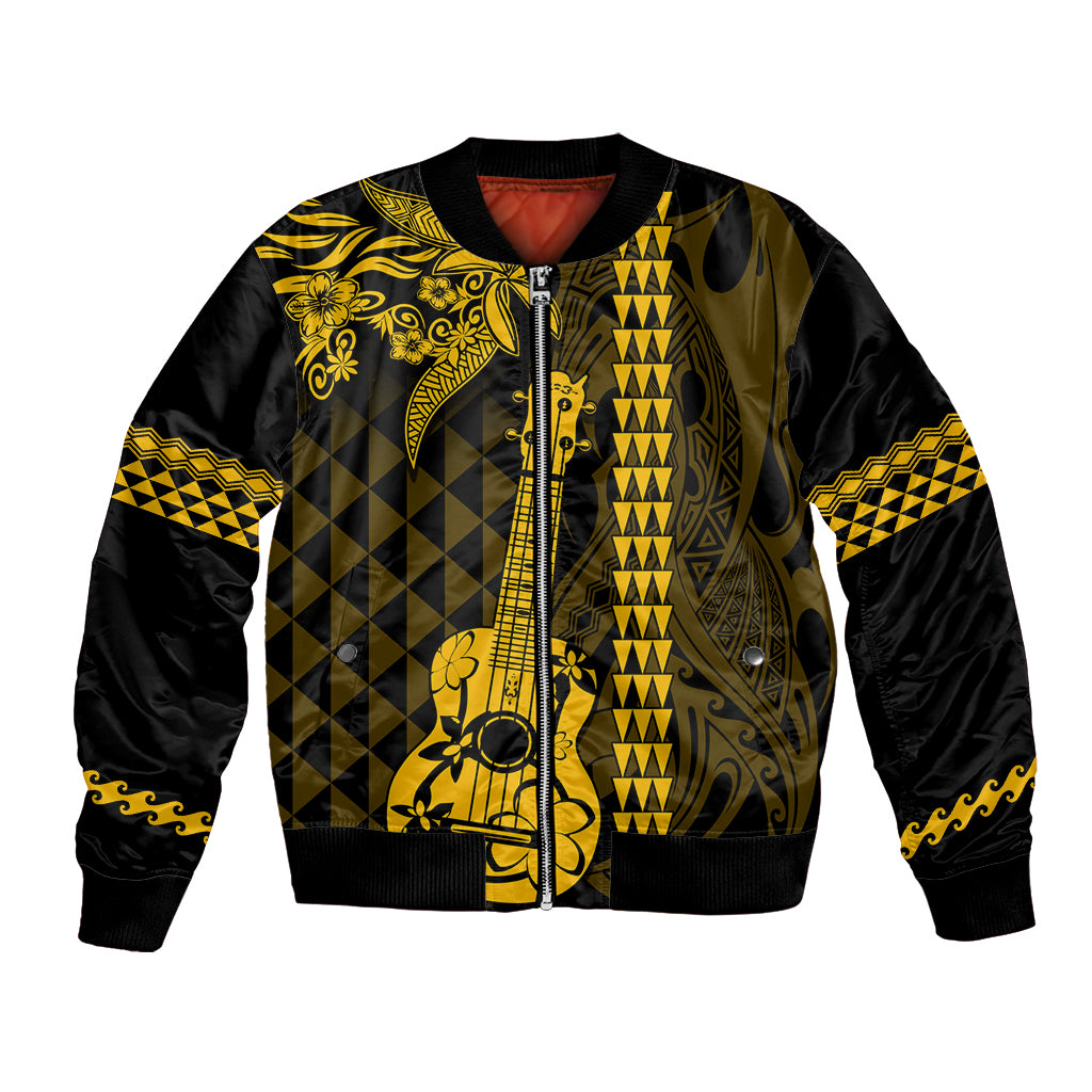Custom Hawaii Bomber Jacket Ukelele and Hula Girl Mix Kakau Pattern LT03 Unisex Yellow - Polynesian Pride