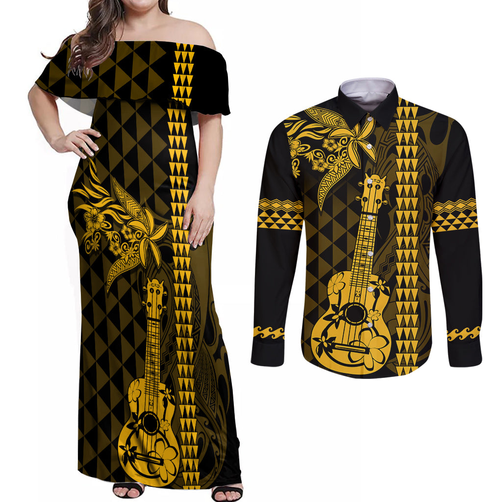 Custom Hawaii Couples Matching Off Shoulder Maxi Dress and Long Sleeve Button Shirt Ukelele and Hula Girl Mix Kakau Pattern LT03 Yellow - Polynesian Pride