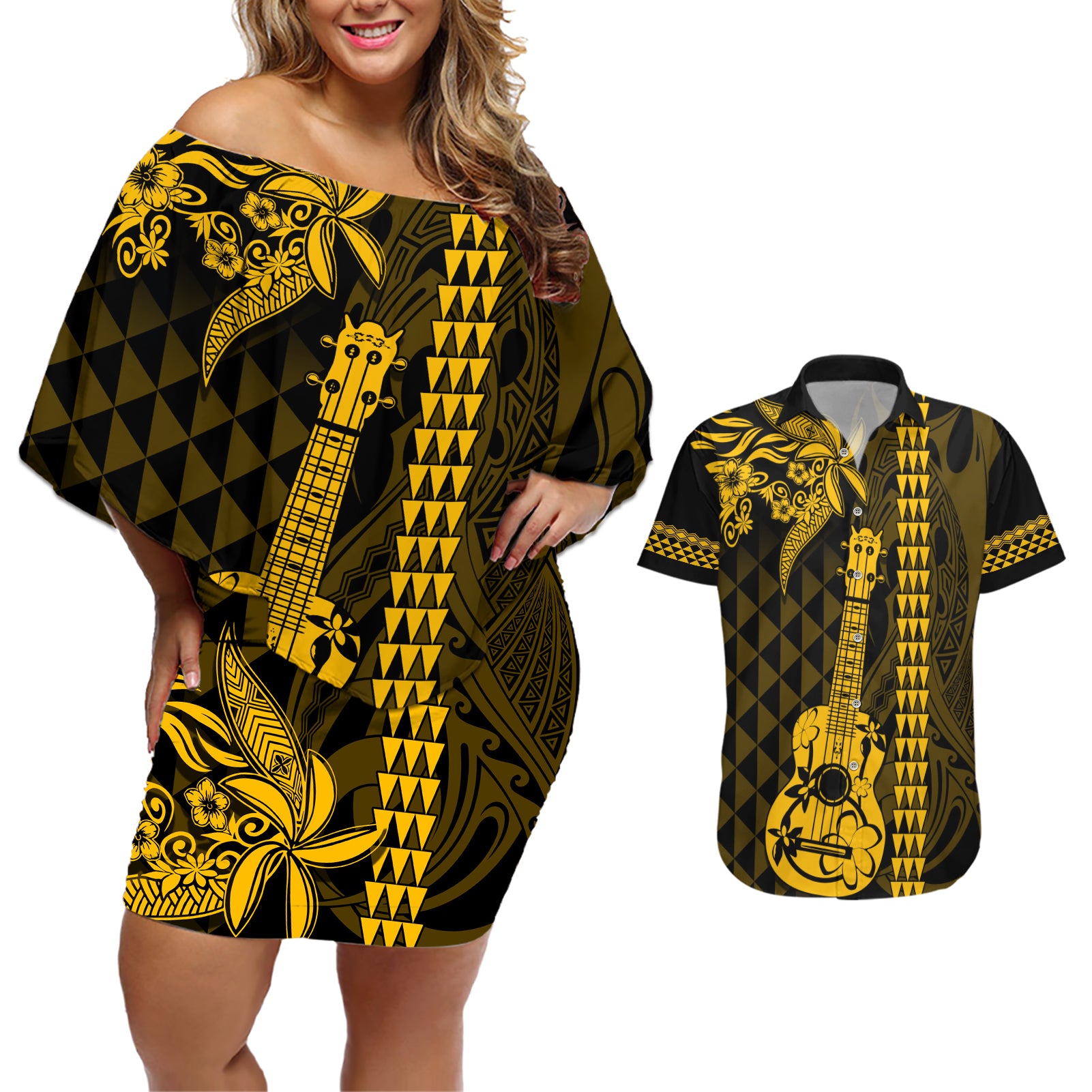 Custom Hawaii Couples Matching Off Shoulder Short Dress and Hawaiian Shirt Ukelele and Hula Girl Mix Kakau Pattern LT03 Yellow - Polynesian Pride