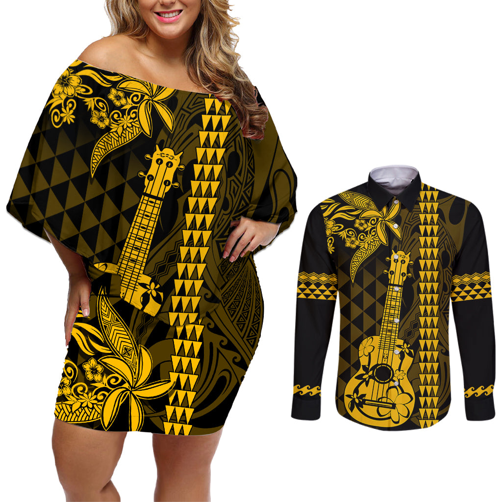 Custom Hawaii Couples Matching Off Shoulder Short Dress and Long Sleeve Button Shirt Ukelele and Hula Girl Mix Kakau Pattern LT03 Yellow - Polynesian Pride