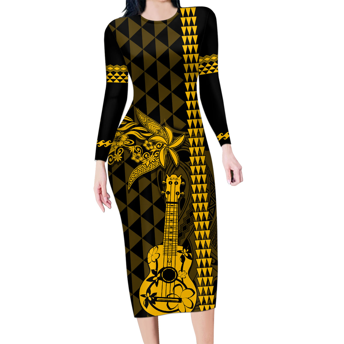 Custom Hawaii Family Matching Long Sleeve Bodycon Dress and Hawaiian Shirt Ukelele and Hula Girl Mix Kakau Pattern LT03 Mom's Dress Yellow - Polynesian Pride