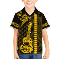 Custom Hawaii Family Matching Long Sleeve Bodycon Dress and Hawaiian Shirt Ukelele and Hula Girl Mix Kakau Pattern LT03 Son's Shirt Yellow - Polynesian Pride