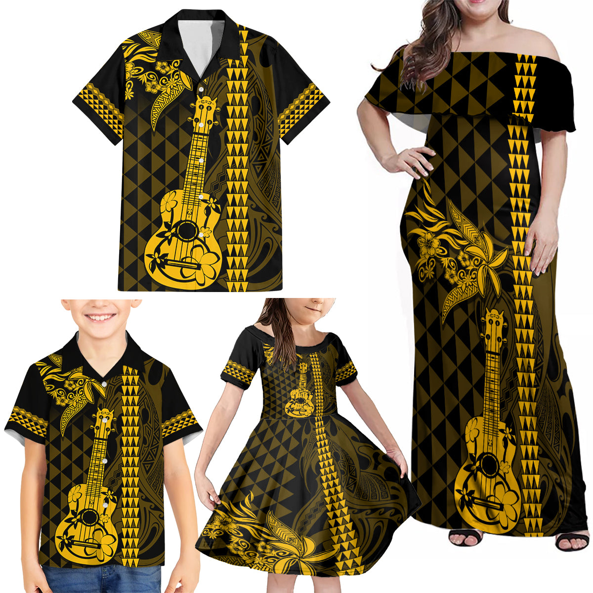 Custom Hawaii Family Matching Off Shoulder Maxi Dress and Hawaiian Shirt Ukelele and Hula Girl Mix Kakau Pattern LT03 - Polynesian Pride