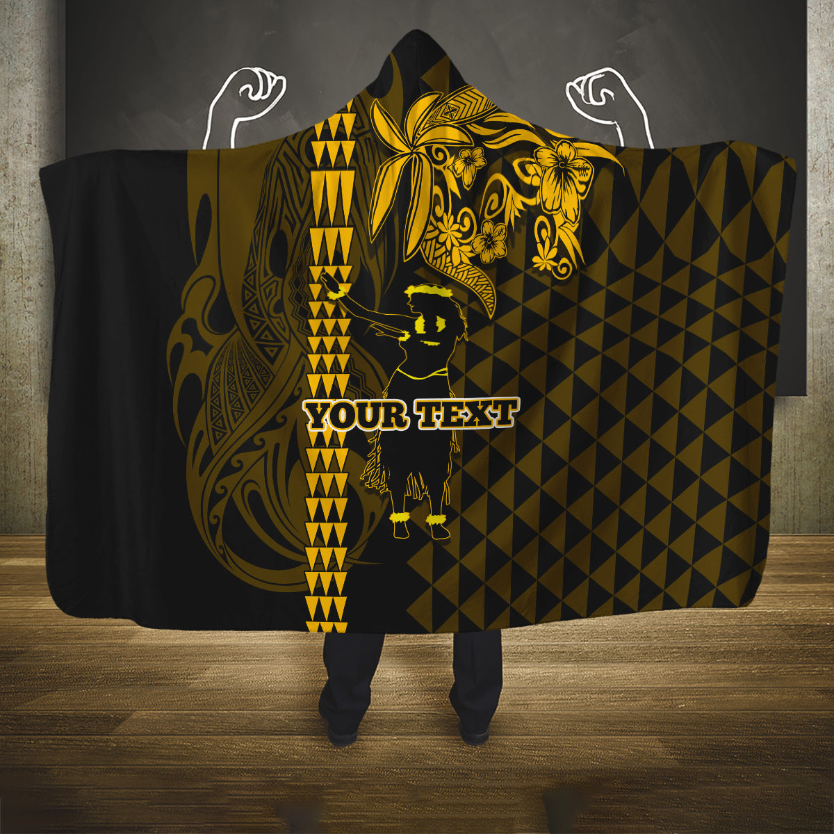 Custom Hawaii Hooded Blanket Ukelele and Hula Girl Mix Kakau Pattern LT03 One Size Yellow - Polynesian Pride