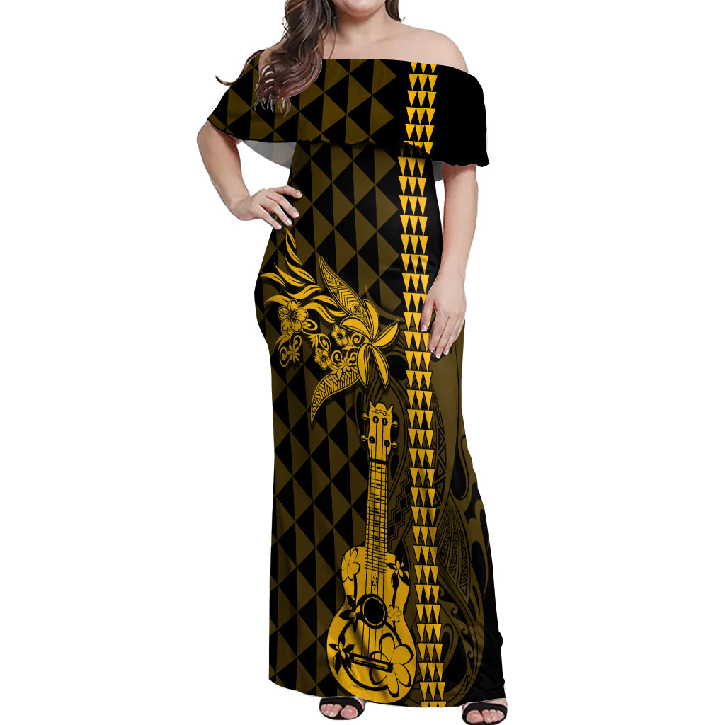 Custom Hawaii Off Shoulder Maxi Dress Ukelele and Hula Girl Mix Kakau Pattern LT03 Women Yellow - Polynesian Pride