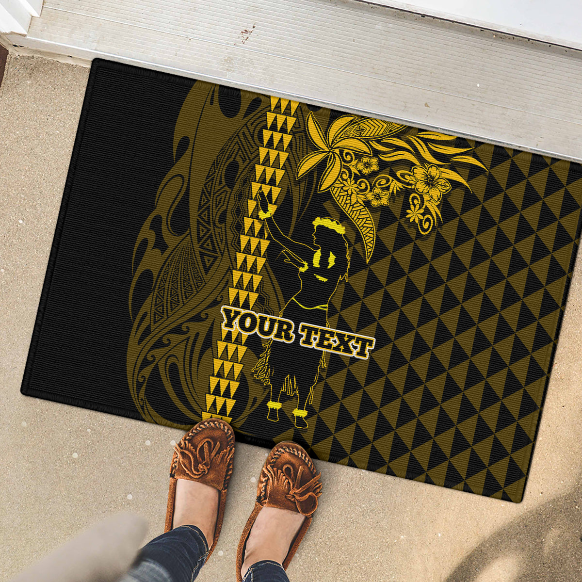 Custom Hawaii Rubber Doormat Ukelele and Hula Girl Mix Kakau Pattern LT03 - Polynesian Pride
